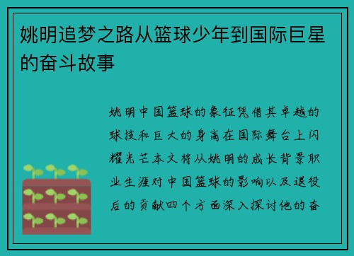 姚明追梦之路从篮球少年到国际巨星的奋斗故事